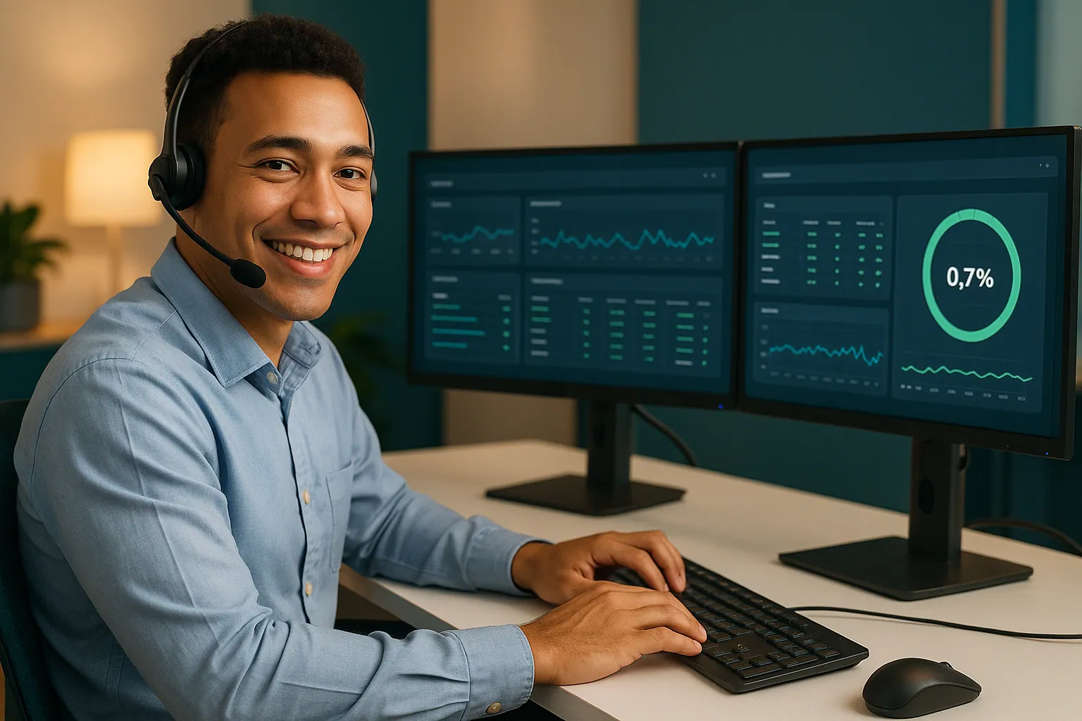 Smilende supportmedarbejder med headset klar til at hjælpe